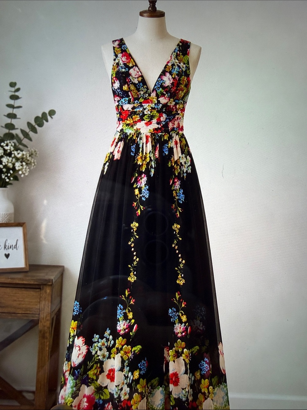 Ever-Pretty Black Floral Maxi Formal Dress Empire Waist Size US 4